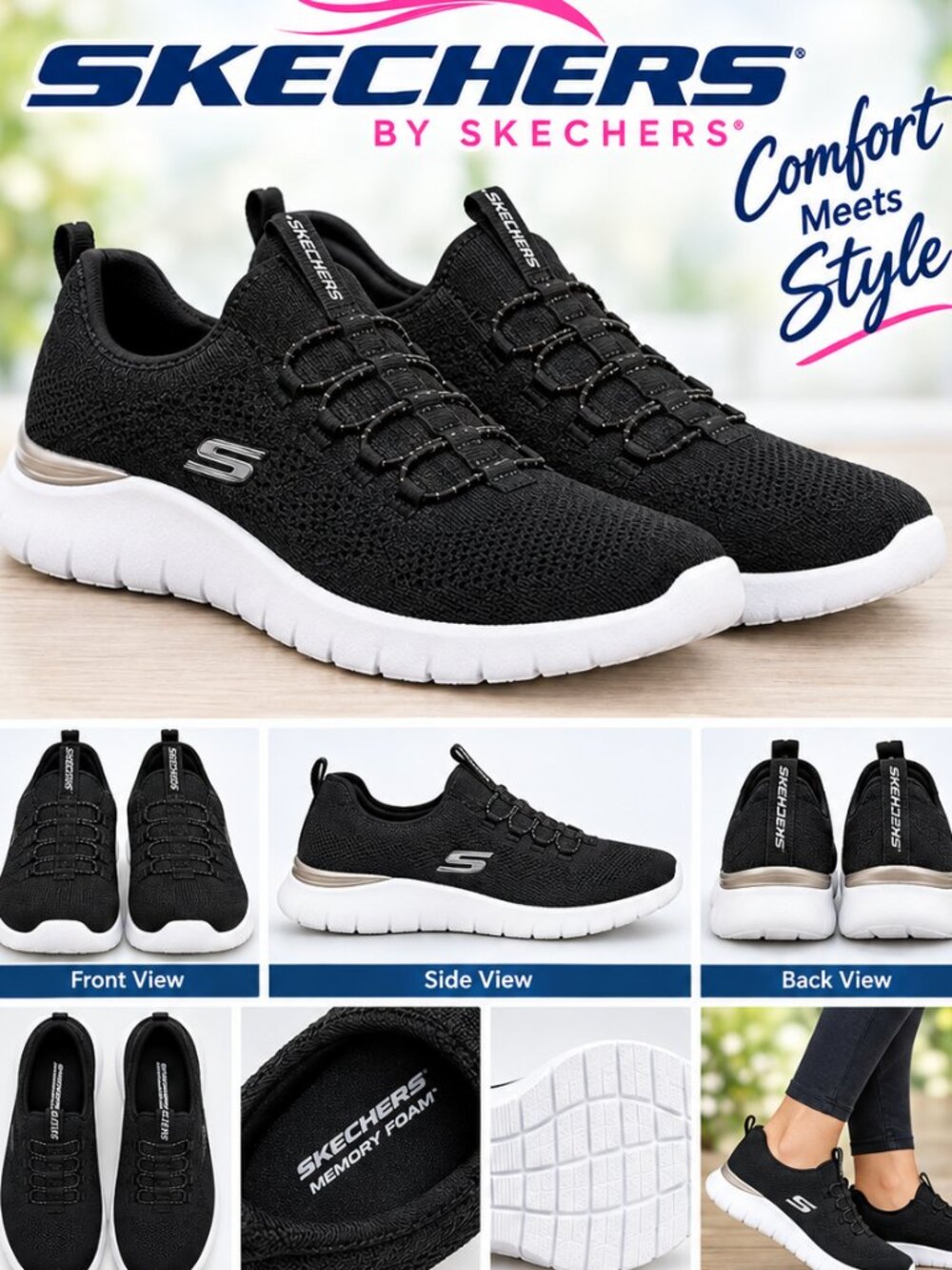 Skechers Women’s Black Knit Memory Foam Sneakers White Sole Size 9.5